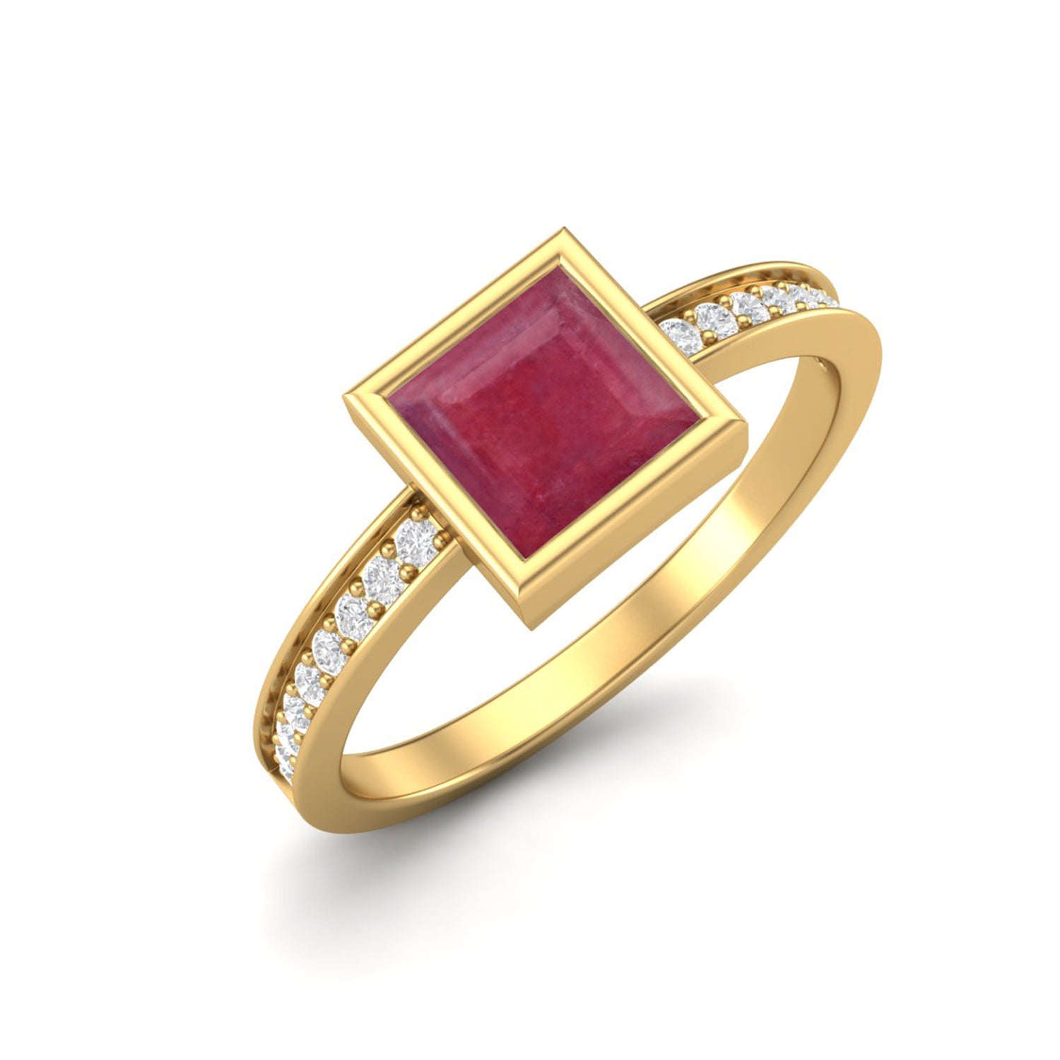 Ruby 0.75 Ct Square Bezel Solitaire Accent Ring – 14k Yellow Gold