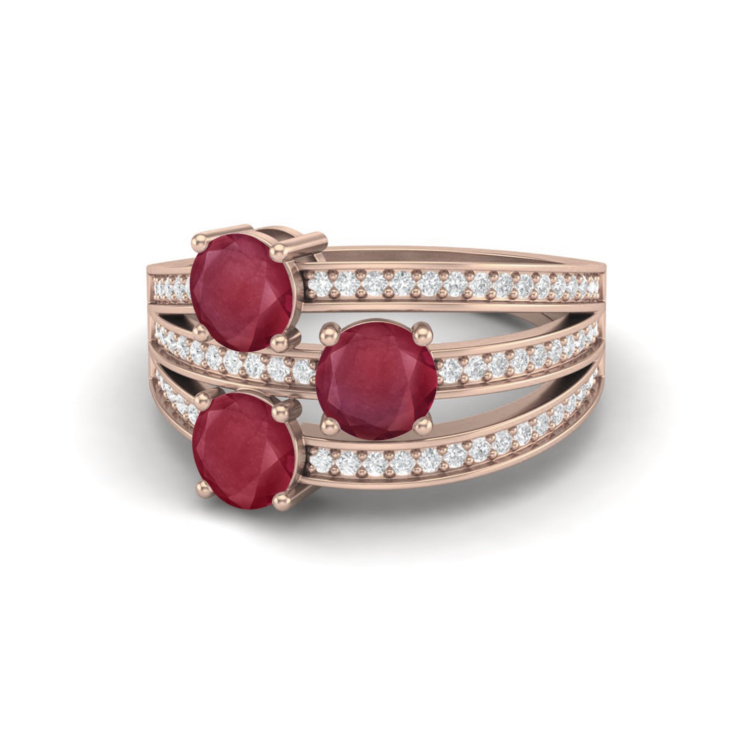 Ruby 1.50 Ct Triple Round Multi-Row Accent Band Ring – 14k Yellow Gold