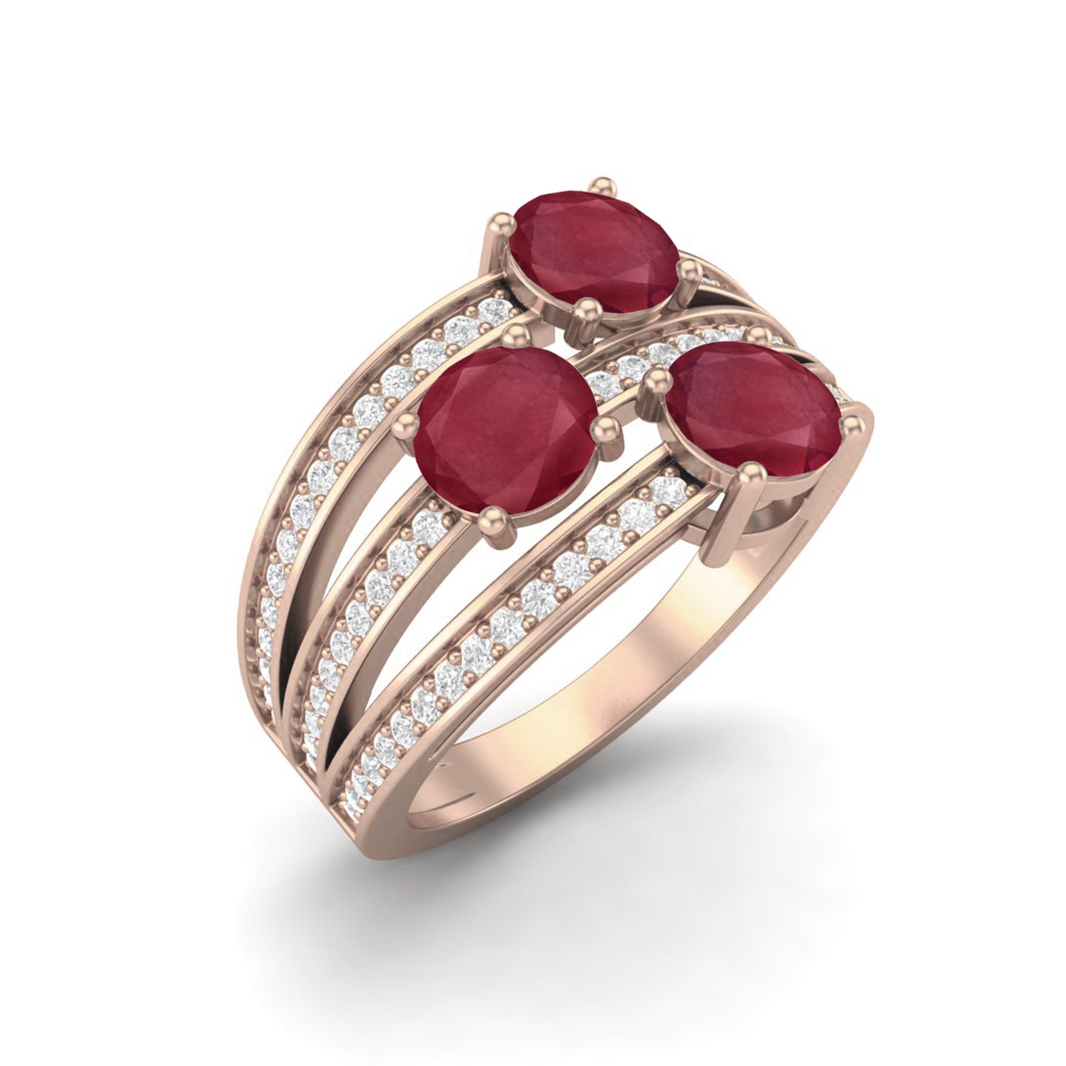 Ruby 1.50 Ct Triple Round Multi-Row Accent Band Ring – 14k Yellow Gold