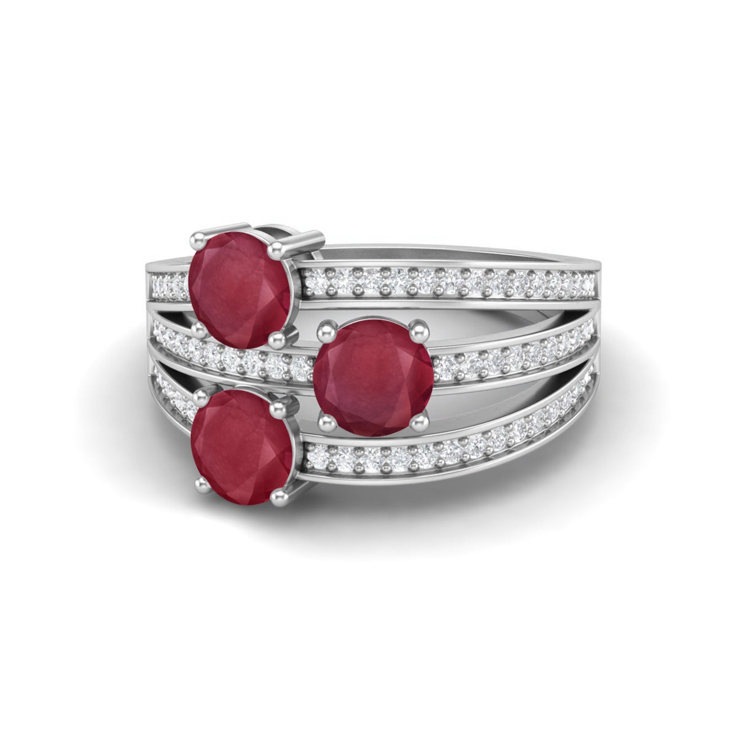 Ruby 1.50 Ct Triple Round Multi-Row Accent Band Ring – 14k Yellow Gold