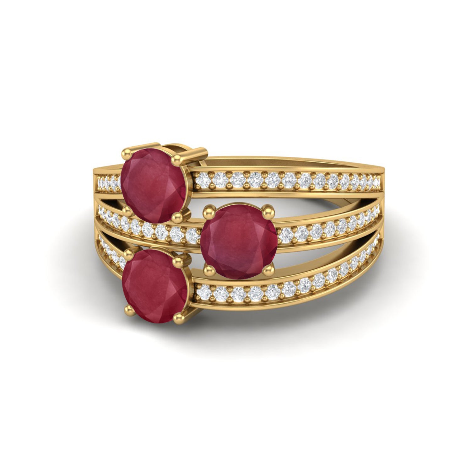 Ruby 1.50 Ct Triple Round Multi-Row Accent Band Ring – 14k Yellow Gold