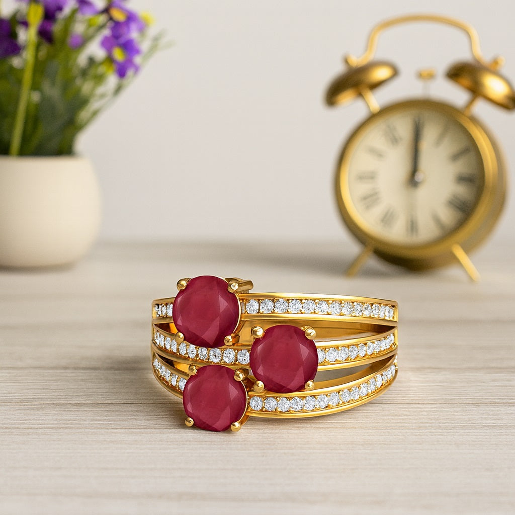 Ruby 1.50 Ct Triple Round Multi-Row Accent Band Ring – 14k Yellow Gold