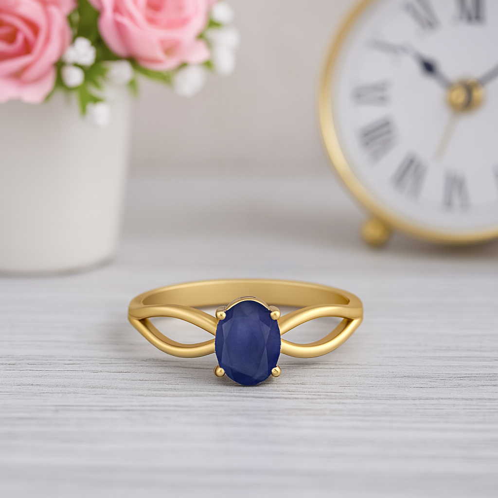 Blue Sapphire 1.00 Ct Oval Solitaire Split Shank Ring - 14k Yellow Gold