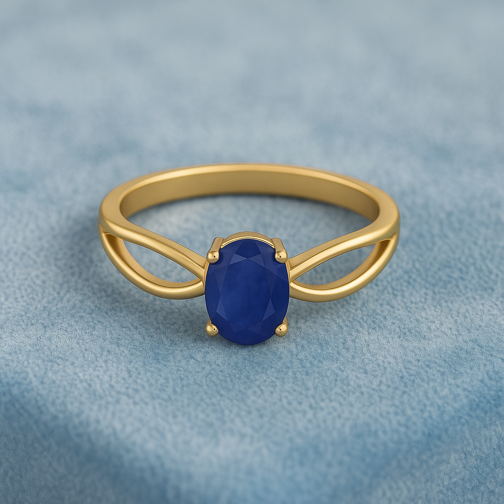 Blue Sapphire 1.00 Ct Oval Solitaire Split Shank Ring - 14k Yellow Gold