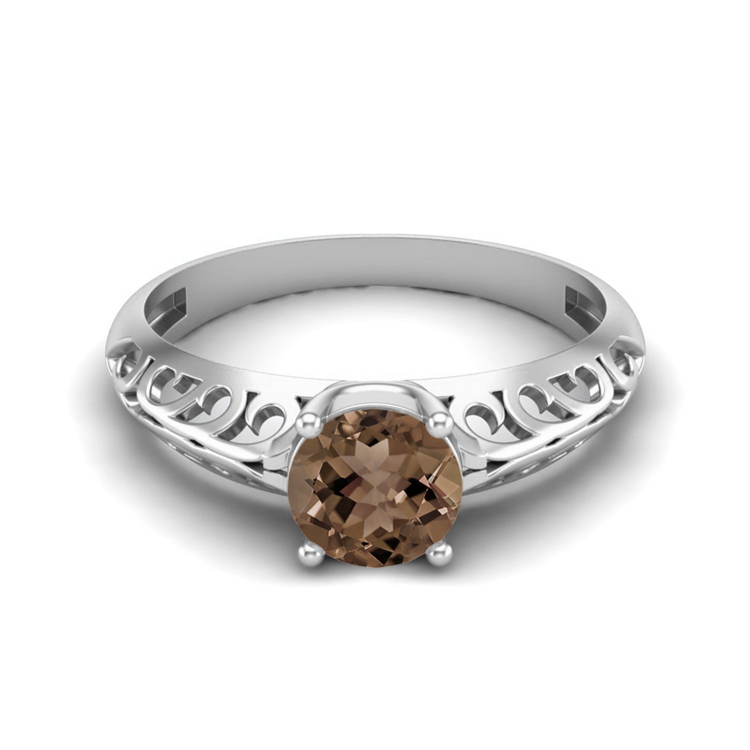Smoky Quartz 0.75 Ct Round Vintage Filigree Ring – 14K Yellow Gold