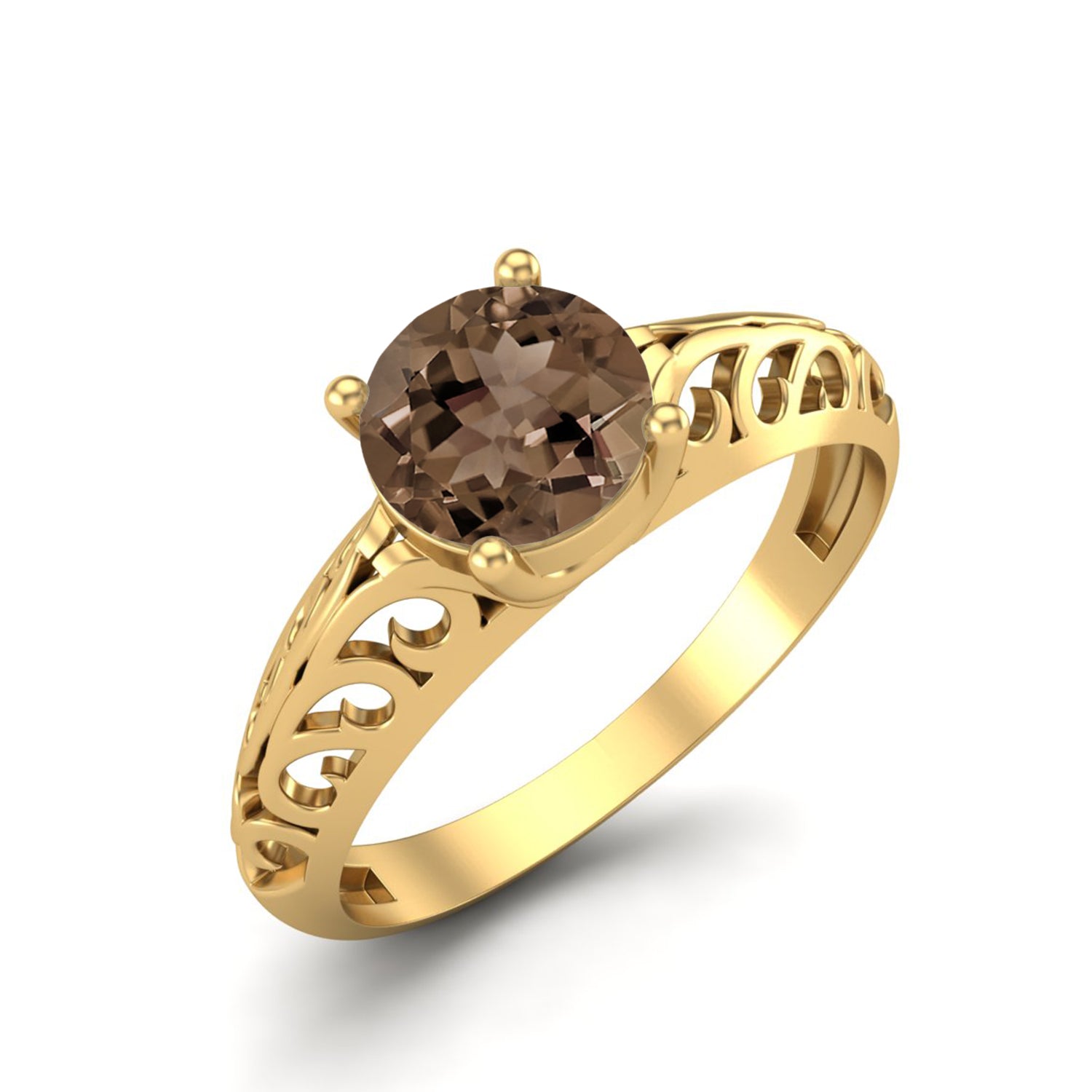 Smoky Quartz 0.75 Ct Round Vintage Filigree Ring – 14K Yellow Gold