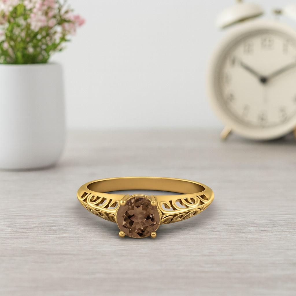 Smoky Quartz 0.75 Ct Round Vintage Filigree Ring – 14K Yellow Gold