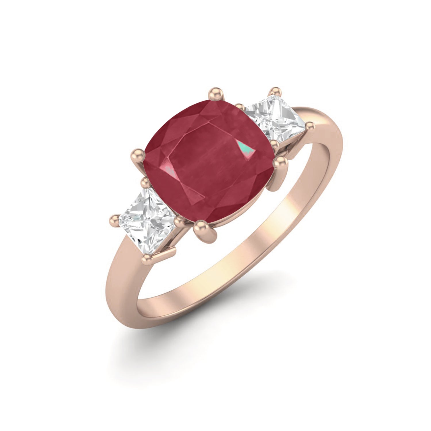 Ruby 2.05 Ct Cushion Three Stone Ring – 14k Yellow Gold