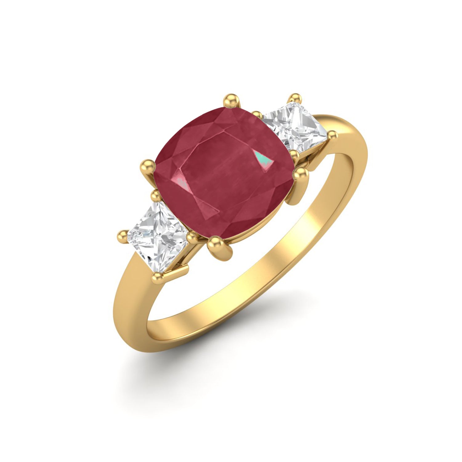 Ruby 2.05 Ct Cushion Three Stone Ring – 14k Yellow Gold