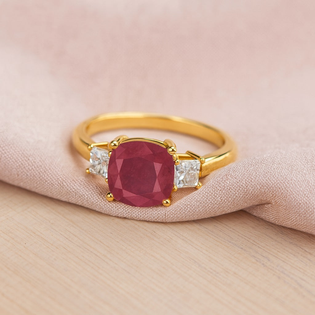 Ruby 2.05 Ct Cushion Three Stone Ring – 14k Yellow Gold