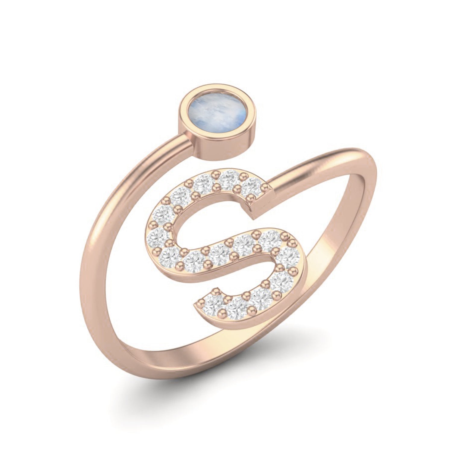Moonstone Personalized Initial 'S' Design Ring - Sterling Silver