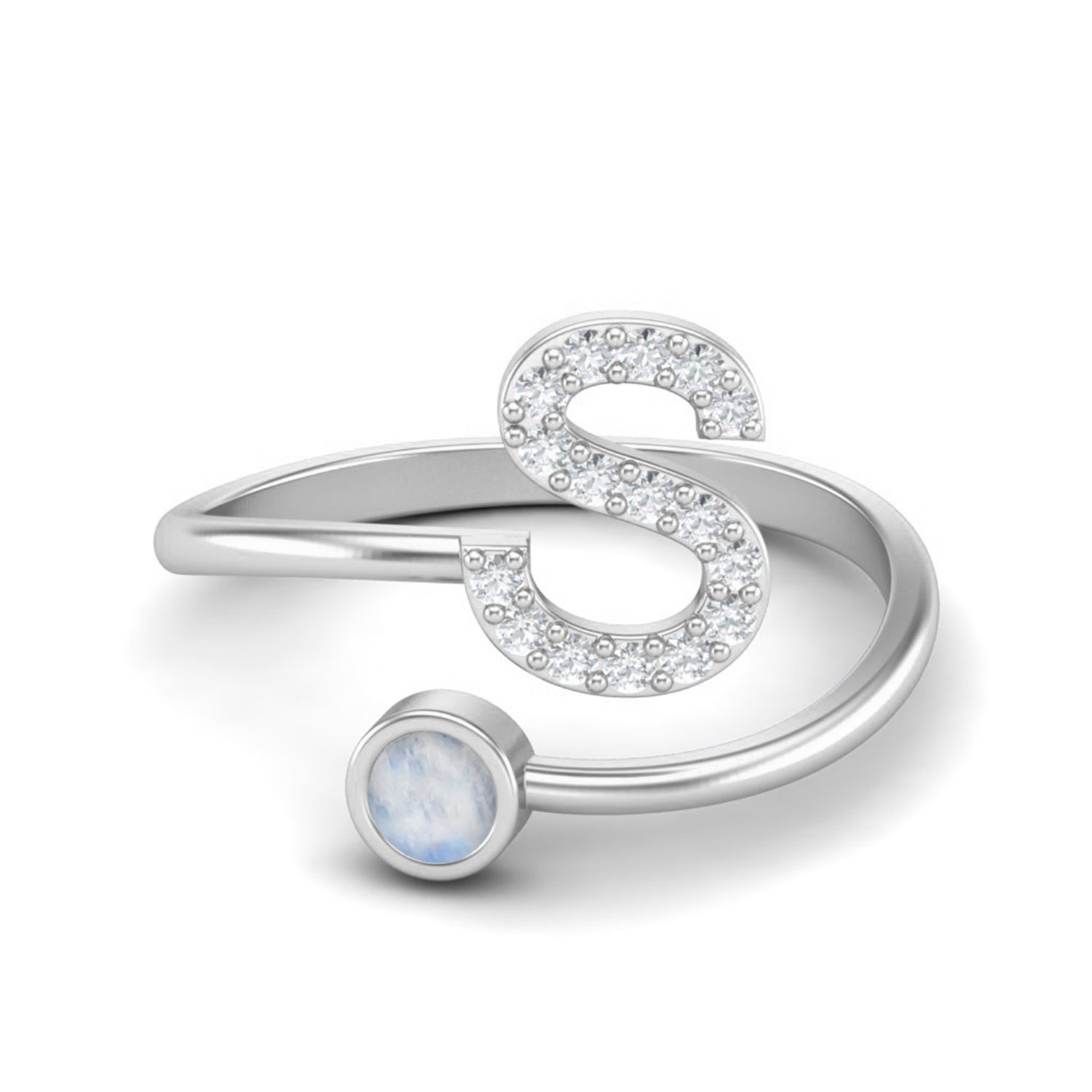 Moonstone Personalized Initial 'S' Design Ring - Sterling Silver