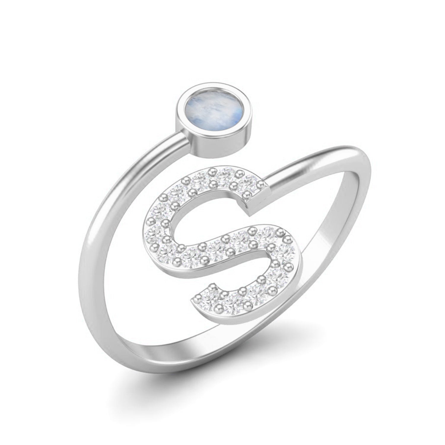 Moonstone Personalized Initial 'S' Design Ring - Sterling Silver
