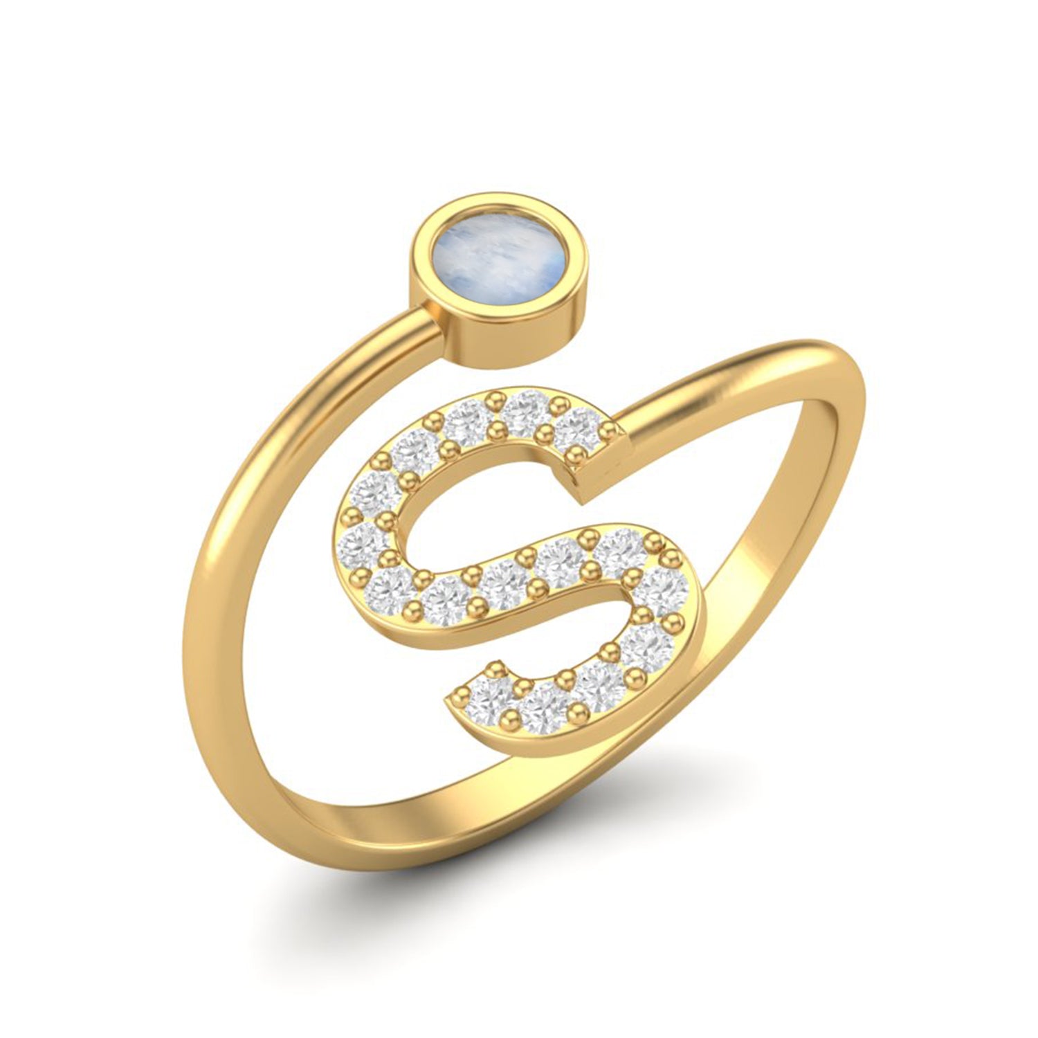 Moonstone Personalized Initial 'S' Design Ring - Sterling Silver