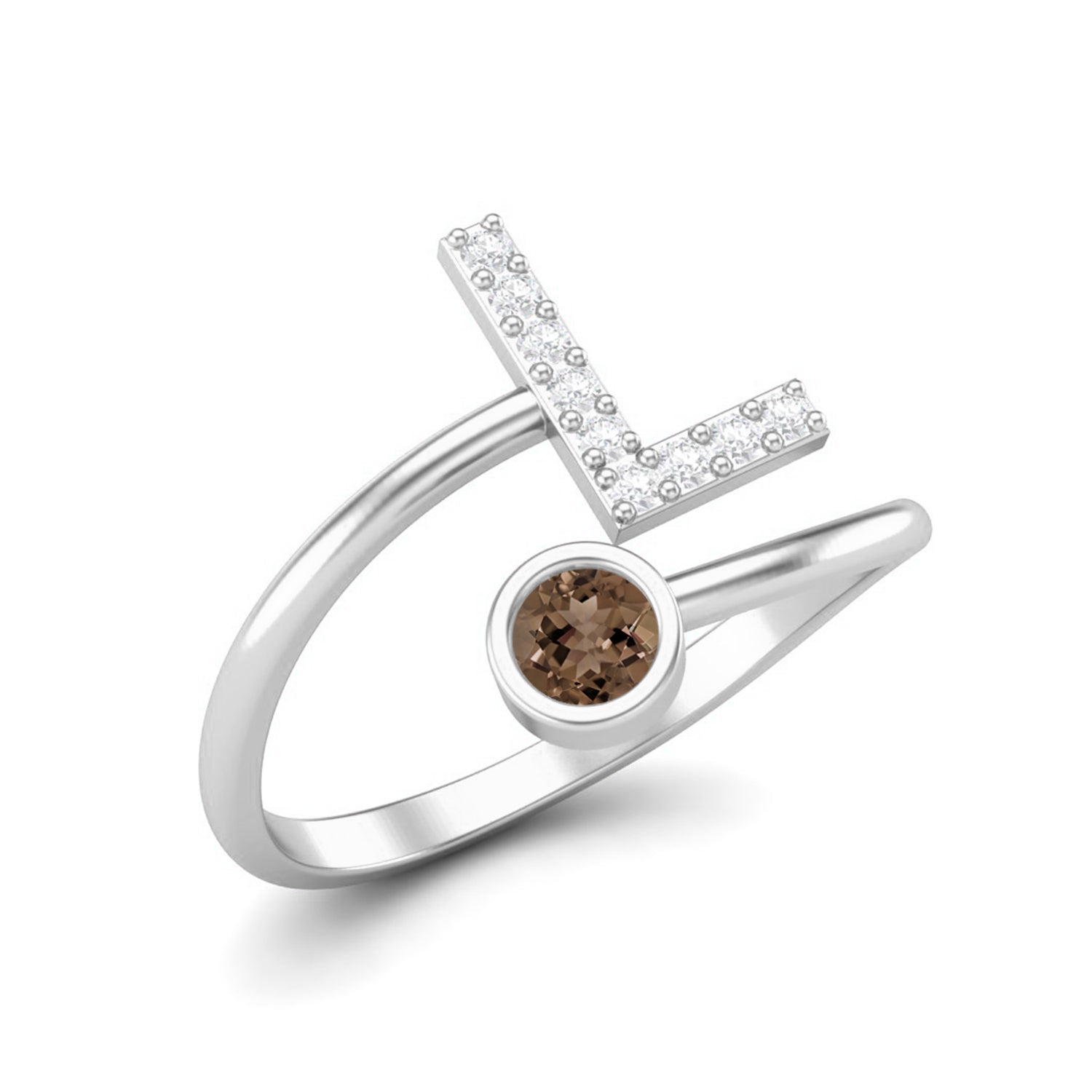 Smoky Quartz 0.10 Ct Round “L” Initial Ring – 14K Yellow Gold