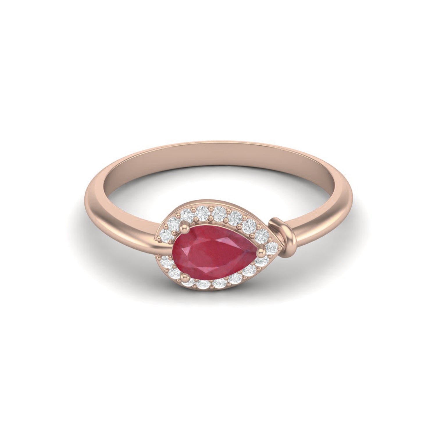 Ruby 0.70 Ct Pear Solitaire Halo Ring – 14k Yellow Gold