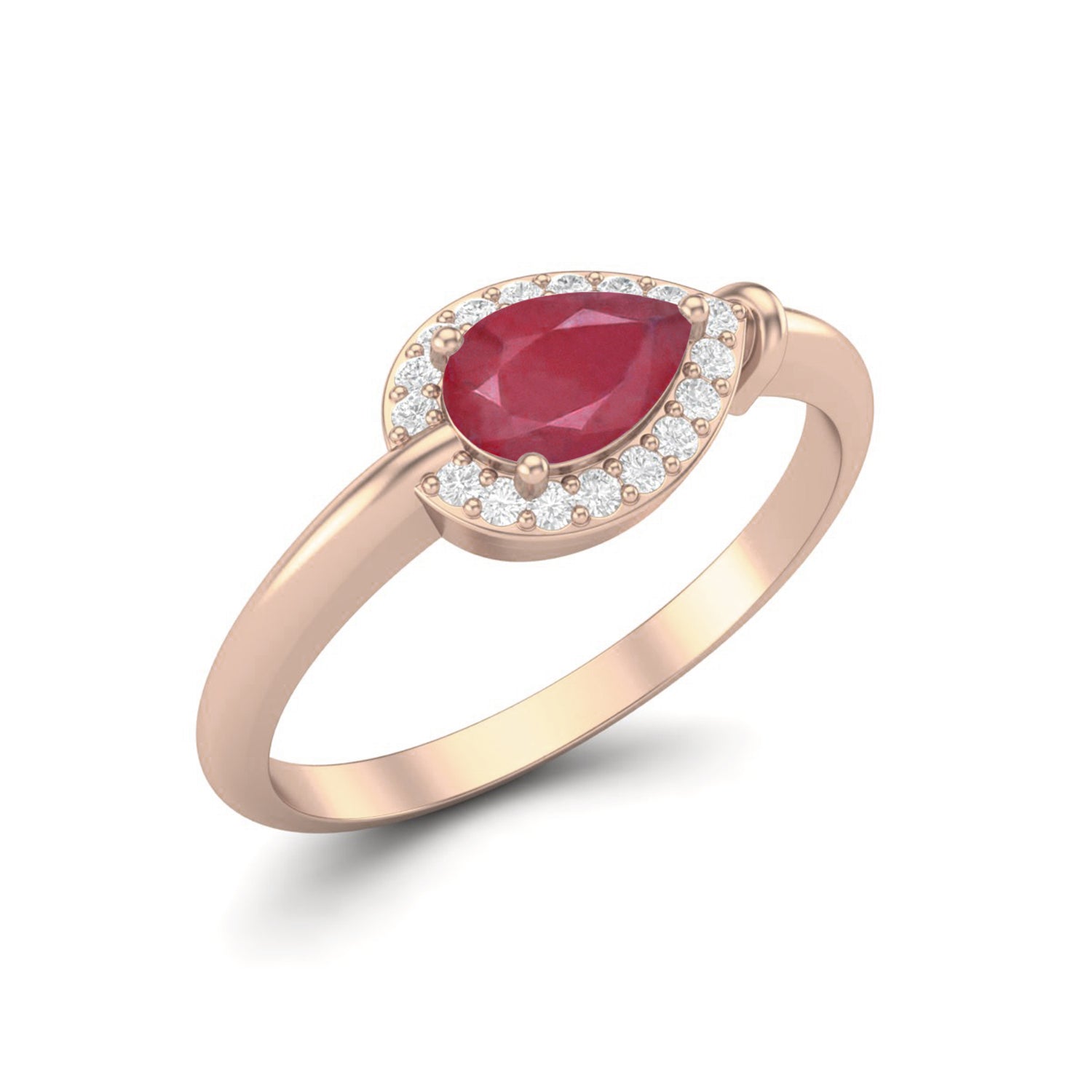 Ruby 0.70 Ct Pear Solitaire Halo Ring – 14k Yellow Gold