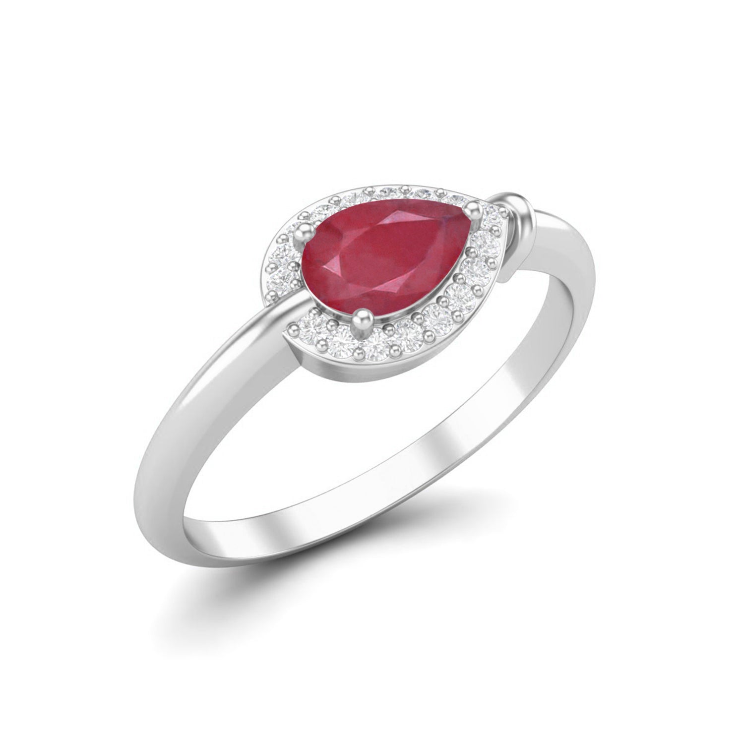 Ruby 0.70 Ct Pear Solitaire Halo Ring – 14k Yellow Gold