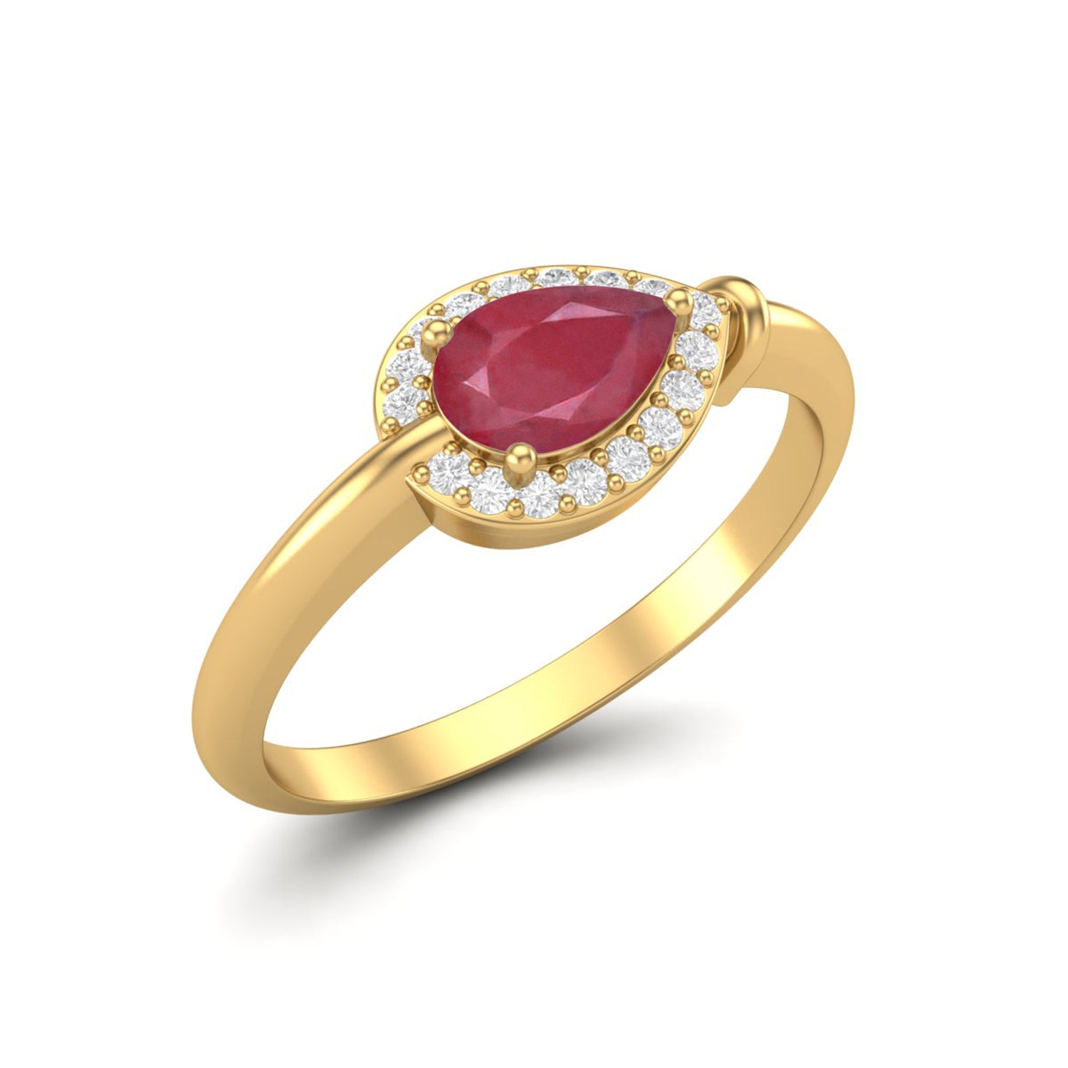Ruby 0.70 Ct Pear Solitaire Halo Ring – 14k Yellow Gold