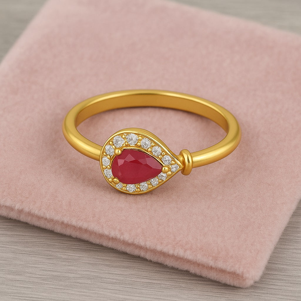 Ruby 0.70 Ct Pear Solitaire Halo Ring – 14k Yellow Gold