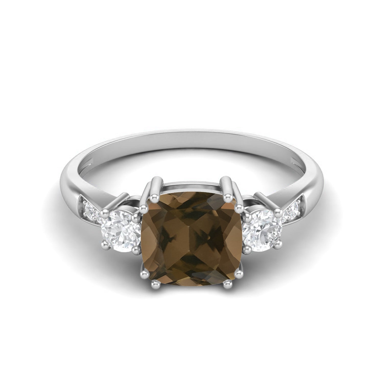Smoky Quartz 2.05 Ct Cushion Cut Three Stone Ring – 14K Yellow Gold