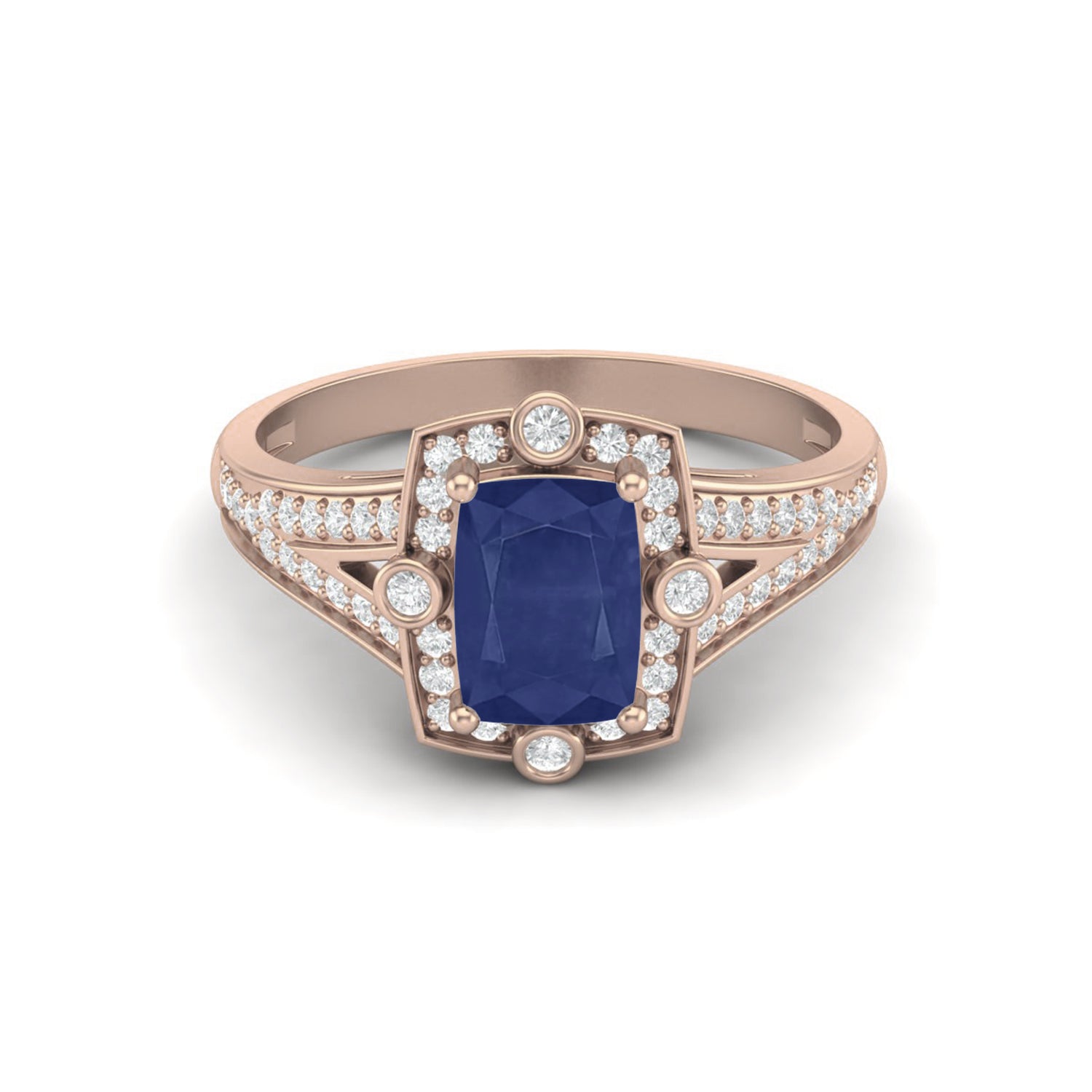 Anello nuziale con gambo diviso e alone di zaffiro blu – Argento Sterling