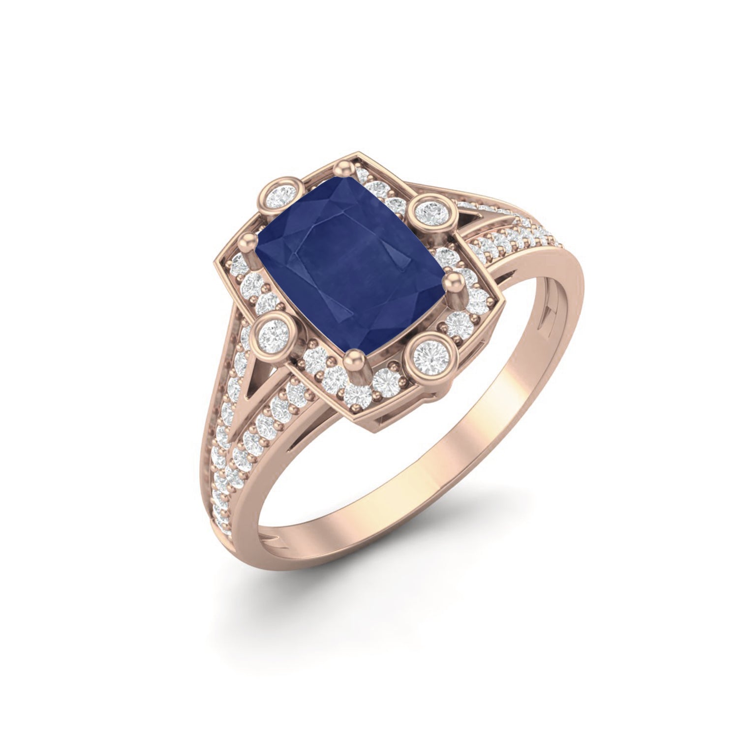 Anello nuziale con gambo diviso e alone di zaffiro blu – Argento Sterling