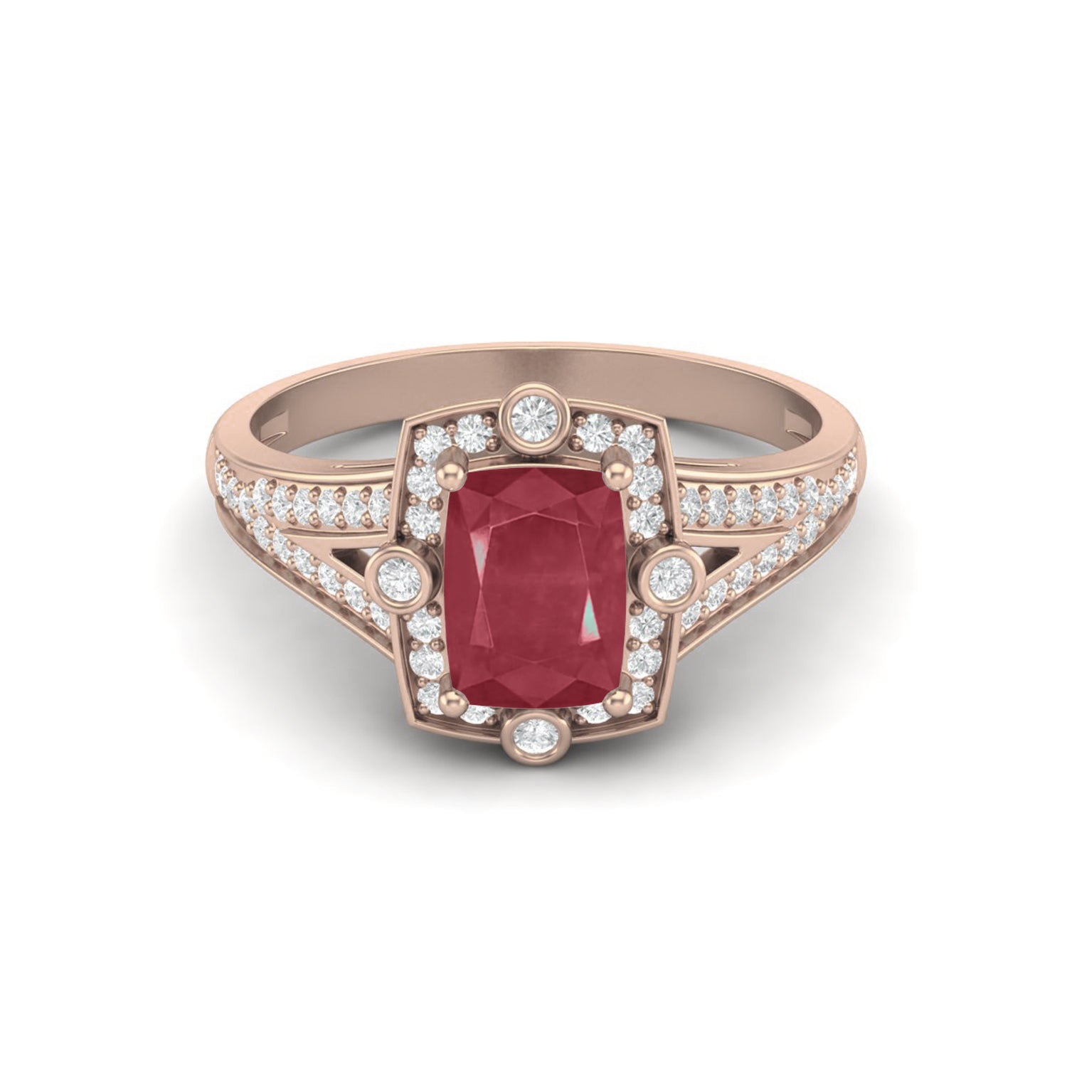 Ruby 1.00 Ct Cushion Halo Split Shank Ring - 14k Yellow Gold