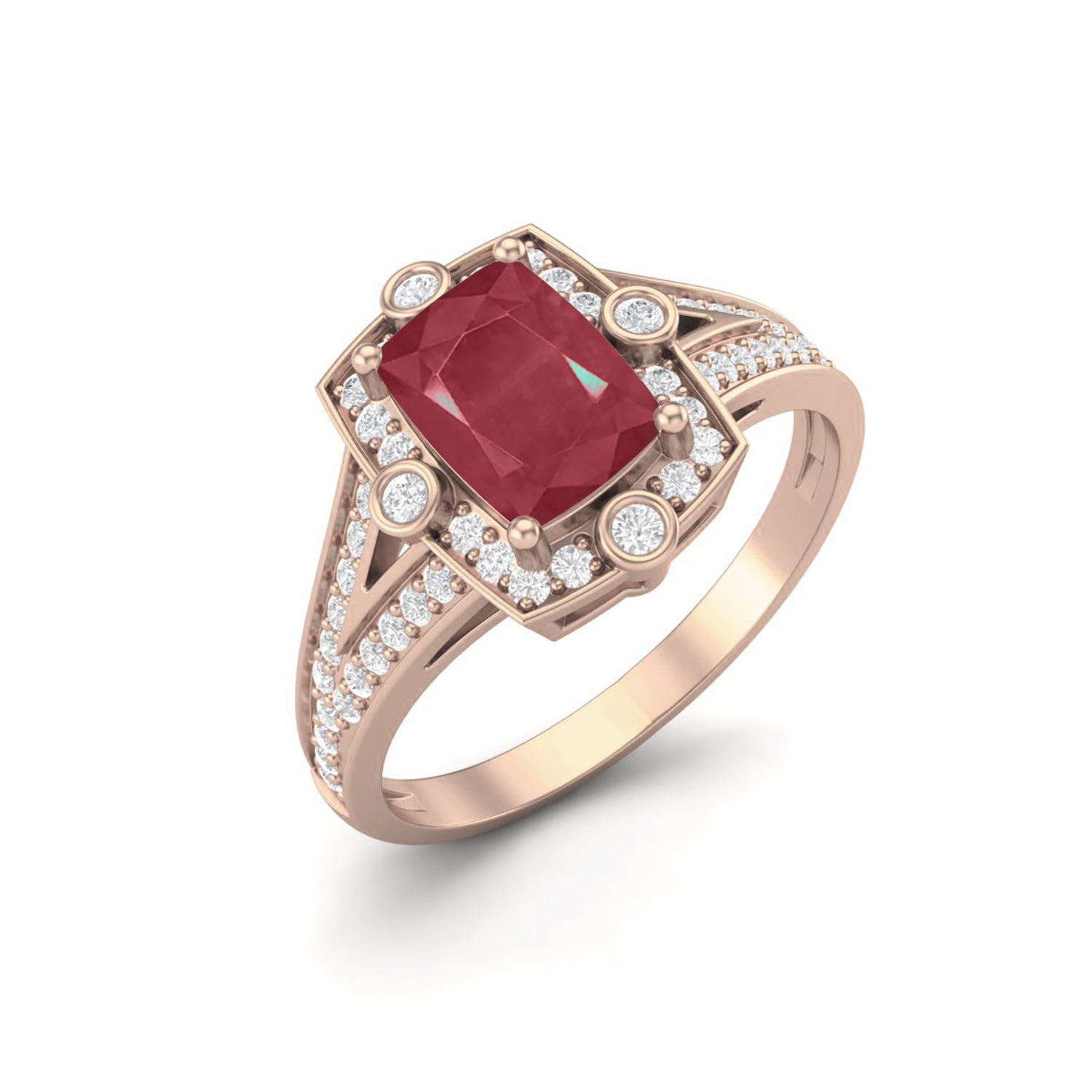 Ruby 1.00 Ct Cushion Halo Split Shank Ring - 14k Yellow Gold