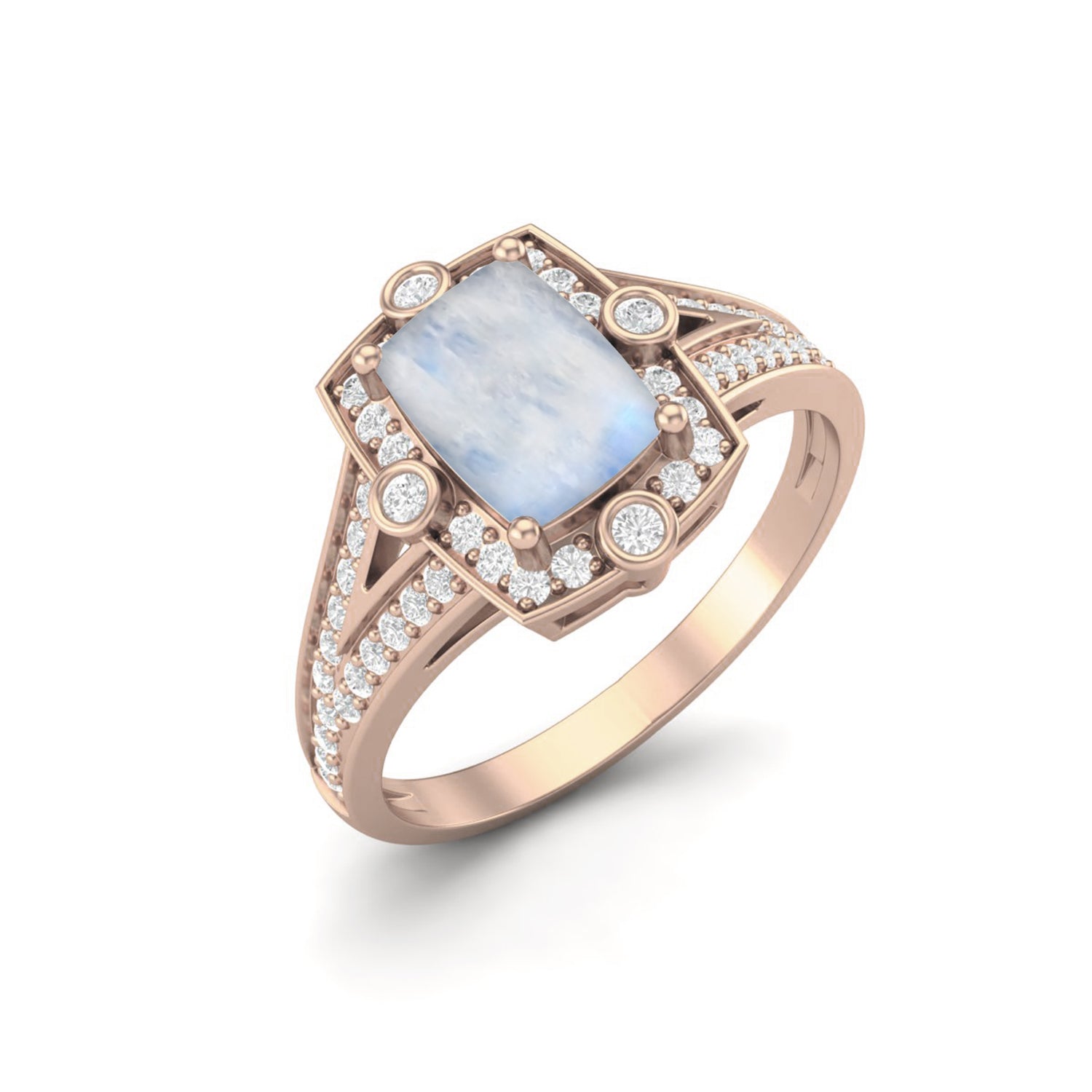 Natural Moonstone Bridal Ring Unique Solitaire Shank Engagement Ring in 925 Sterling Silver