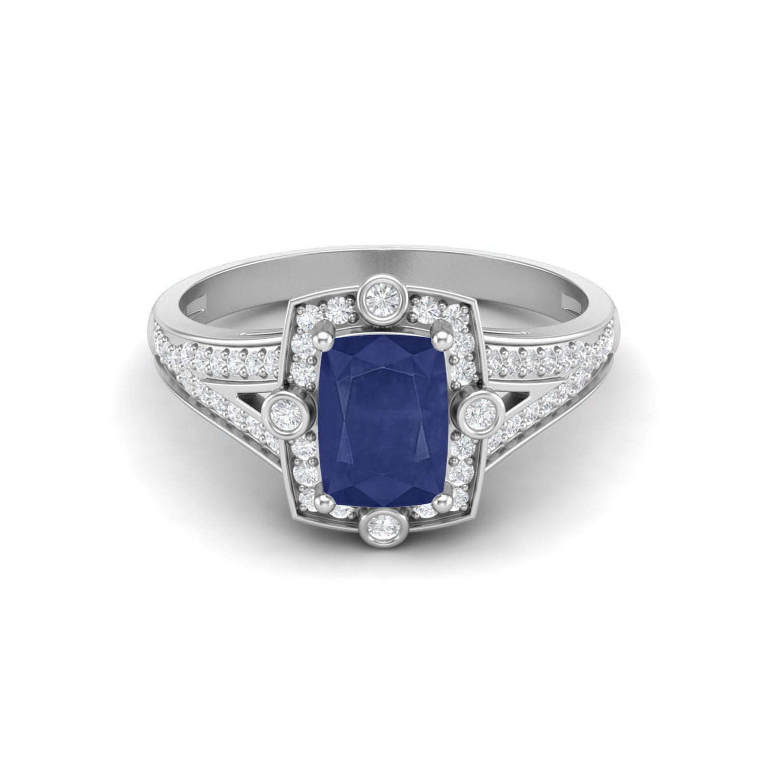 Blue Sapphire Halo Split Shank Bridal Ring – Sterling Silver