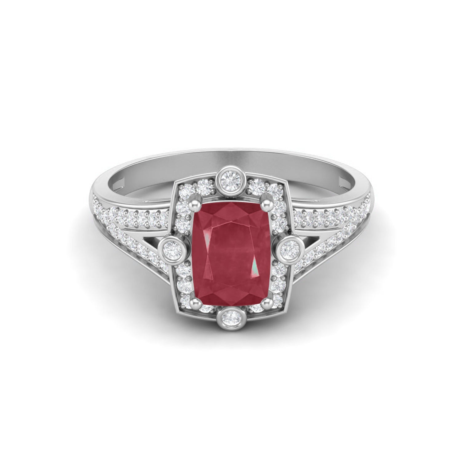 Ruby 1.00 Ct Cushion Halo Split Shank Ring - 14k Yellow Gold