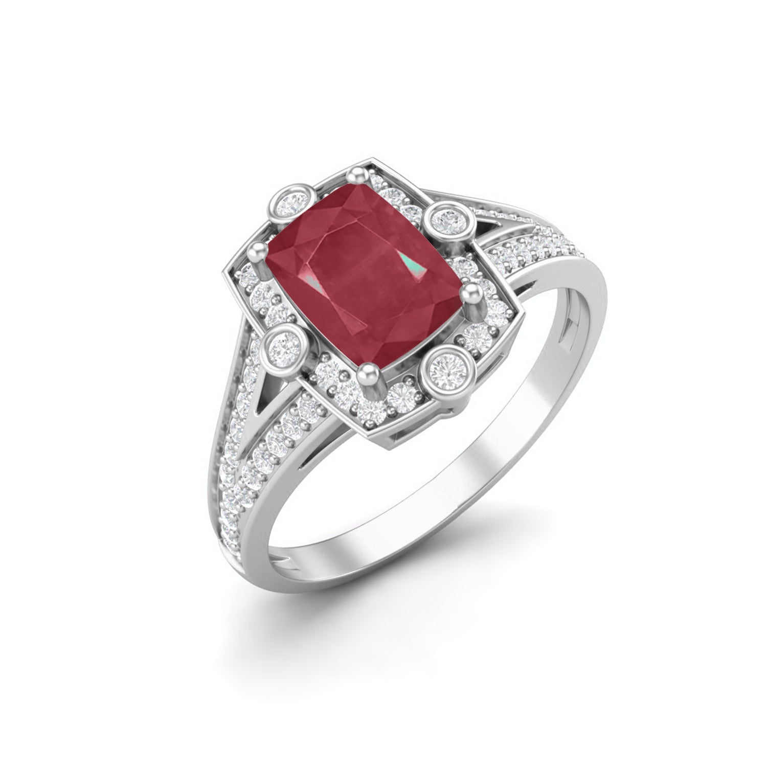 Ruby 1.00 Ct Cushion Halo Split Shank Ring - 14k Yellow Gold