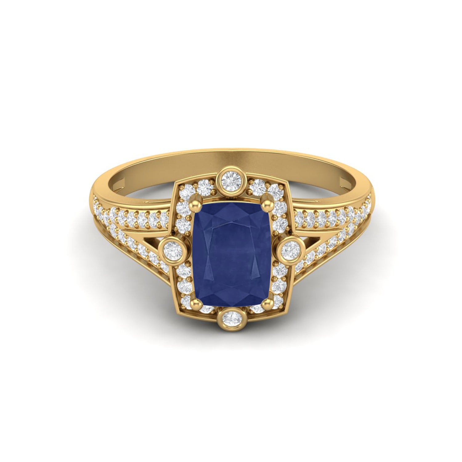 Anello nuziale con gambo diviso e alone di zaffiro blu – Argento Sterling