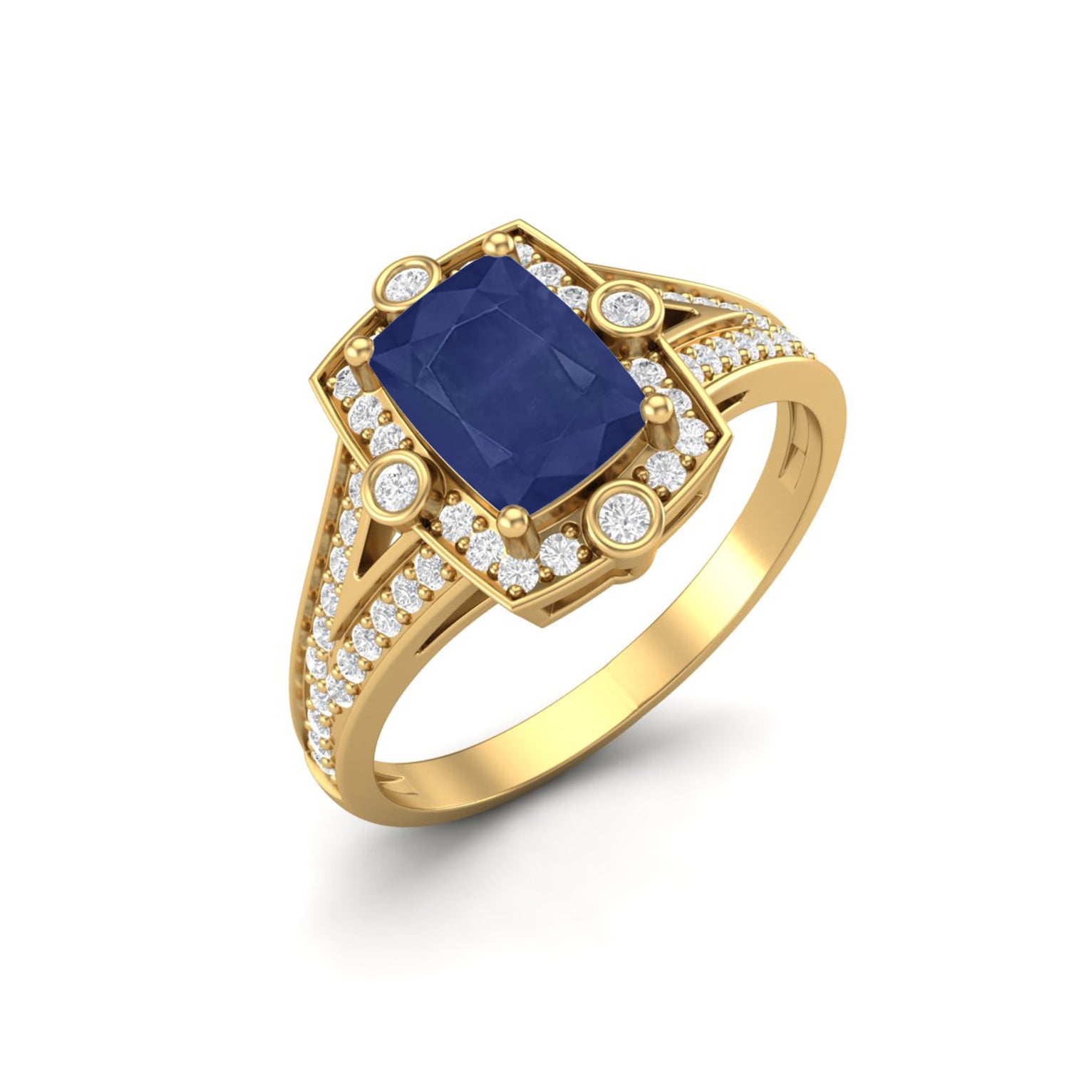 Anello nuziale con gambo diviso e alone di zaffiro blu – Argento Sterling