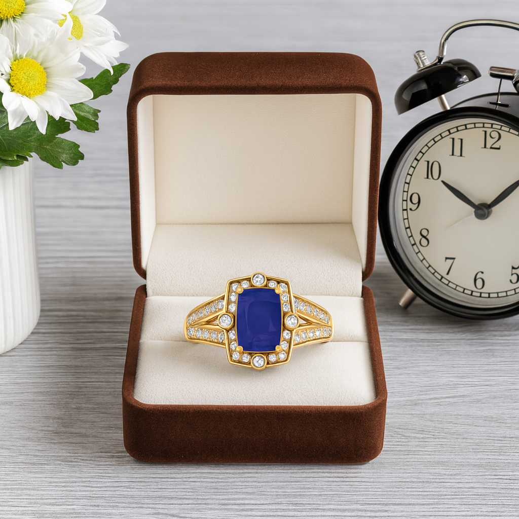 Blue Sapphire 1.00 Ct Cushion Halo Split Shank Ring – 14k Yellow Gold