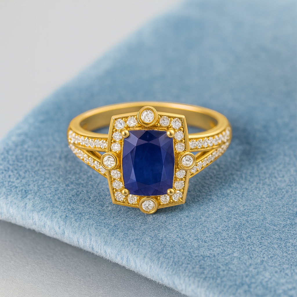 Blue Sapphire 1.00 Ct Cushion Halo Split Shank Ring – 14k Yellow Gold