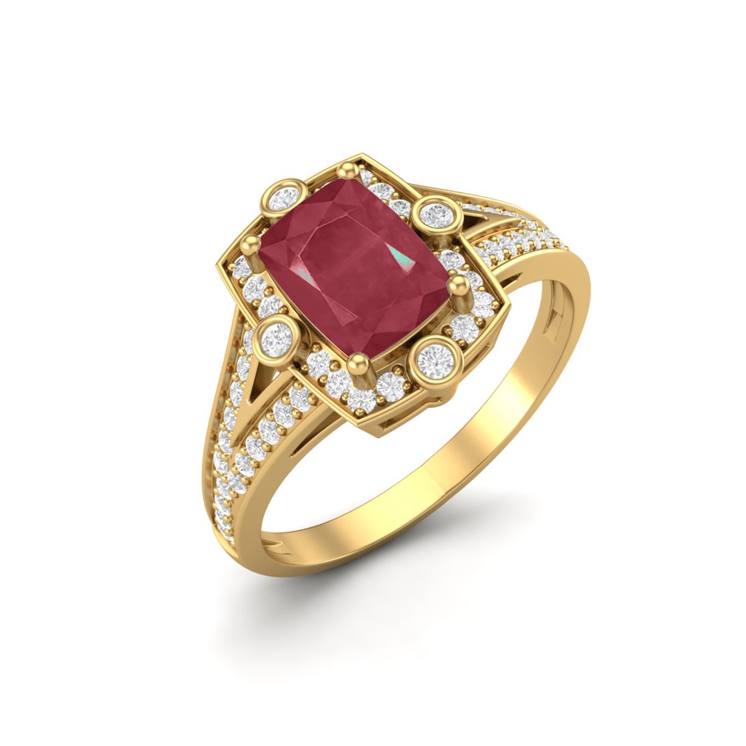 Ruby 1.00 Ct Cushion Halo Split Shank Ring - 14k Yellow Gold
