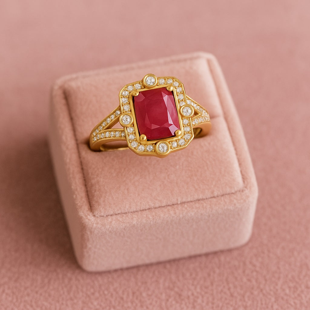 Ruby 1.00 Ct Cushion Halo Split Shank Ring - 14k Yellow Gold