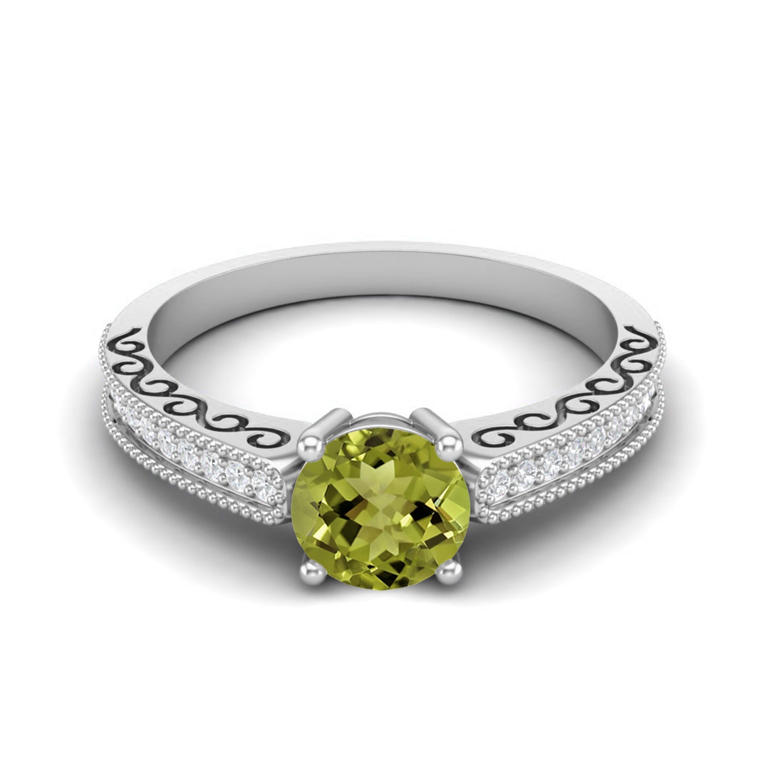 Peridot Engraved Vine Band Design Ring – Sterling Silver