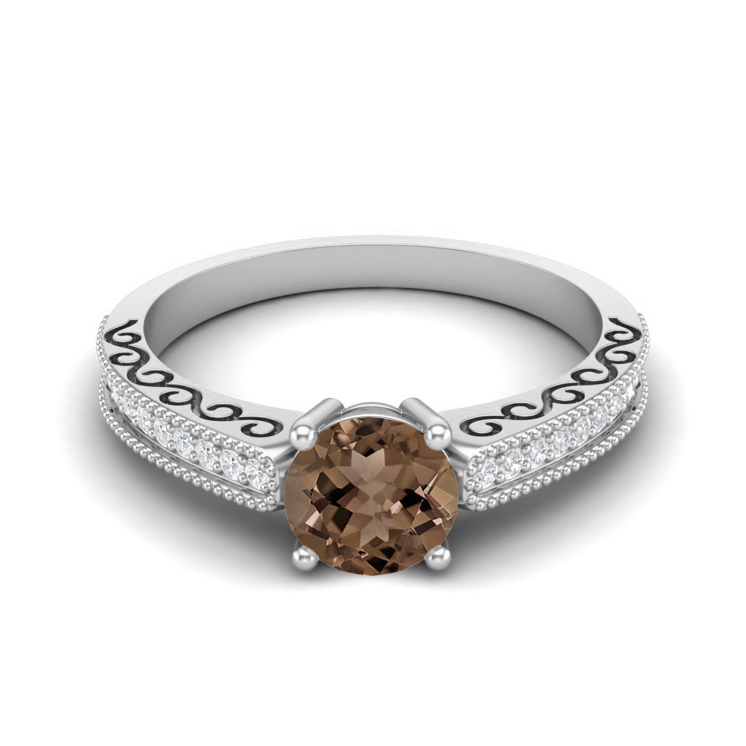 Smoky Quartz 0.75 Ct Round Vintage Inspired Ring – 14K Yellow Gold