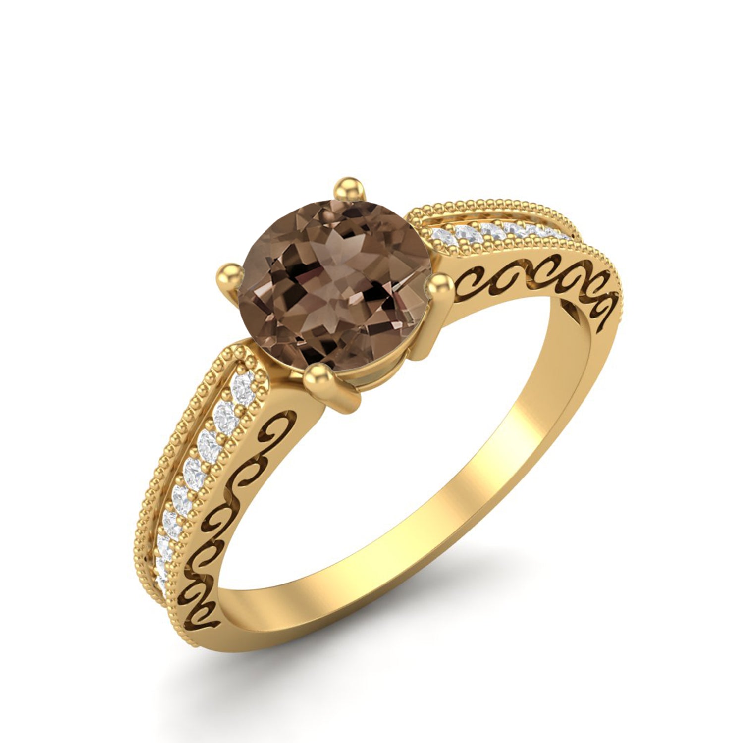 Smoky Quartz 0.75 Ct Round Vintage Inspired Ring – 14K Yellow Gold