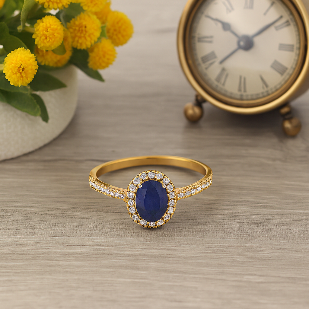 Blue Sapphire 1.00 Ct Oval Halo Pavé Band Ring – 14k Yellow Gold