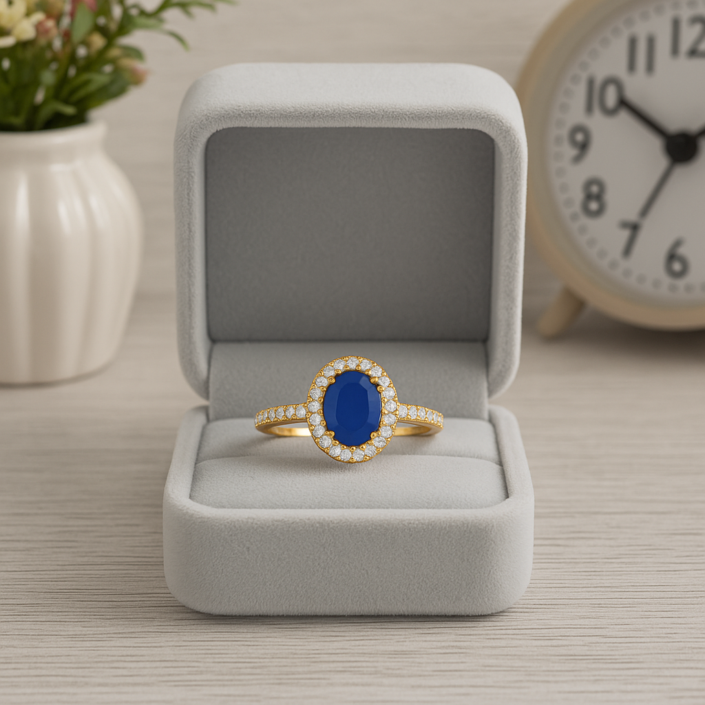 Blue Sapphire 1.00 Ct Oval Halo Pavé Band Ring – 14k Yellow Gold