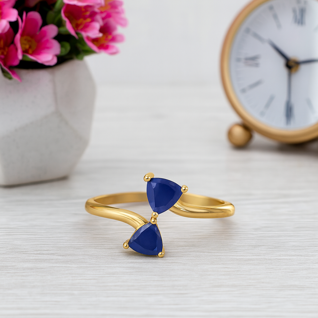 Blue Sapphire 0.50 Ct Trillion Twin Stone Bypass Ring – 14k Yellow Gold