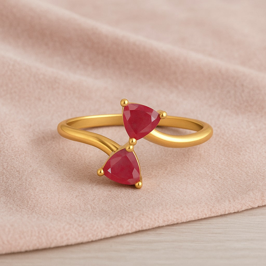 Ruby 0.50 Ct Trillion Cut Dual Stone Bypass Ring – 14k Yellow Gold
