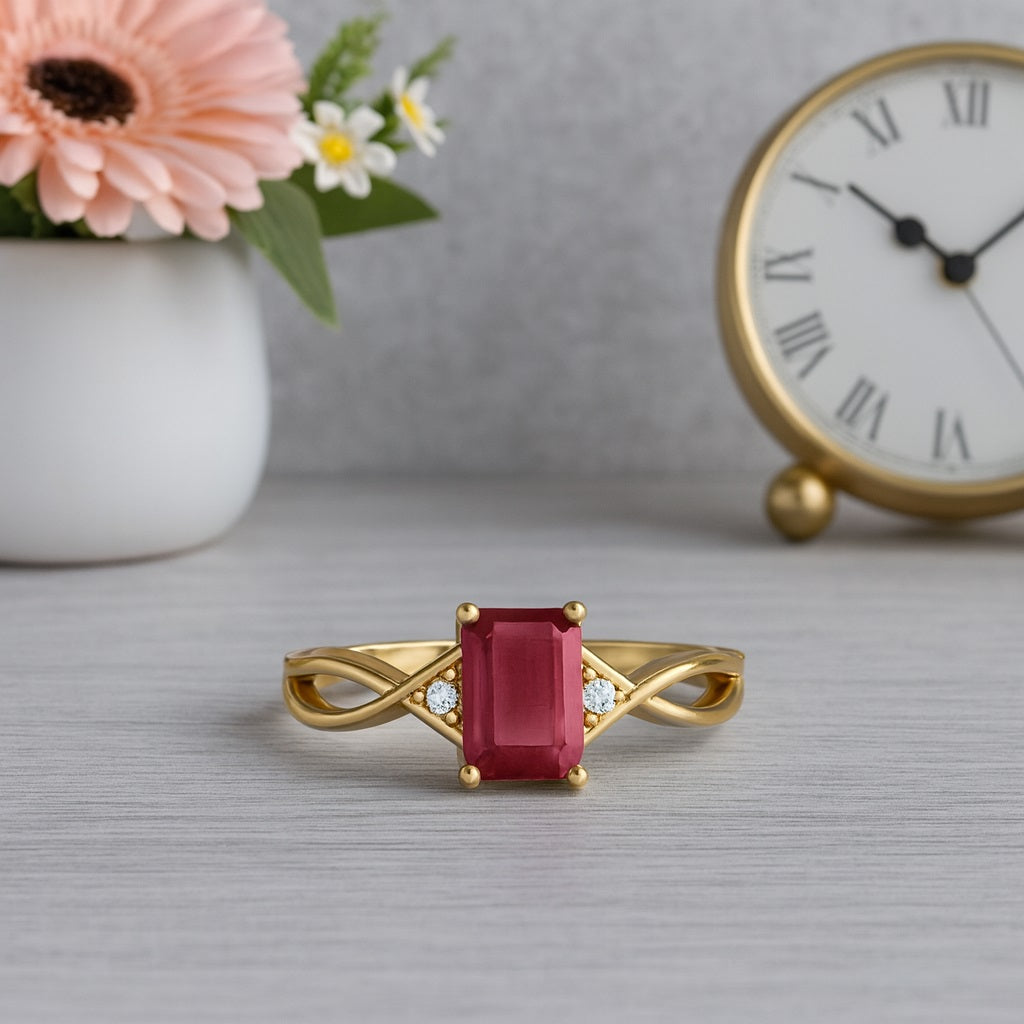 Ruby 1.00 Ct Octagon Cut Three Stone Ring – 14k Yellow Gold