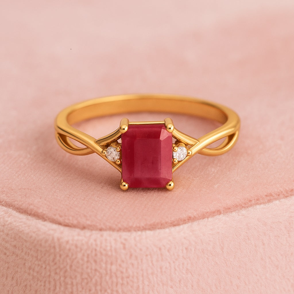 Ruby 1.00 Ct Octagon Cut Three Stone Ring – 14k Yellow Gold