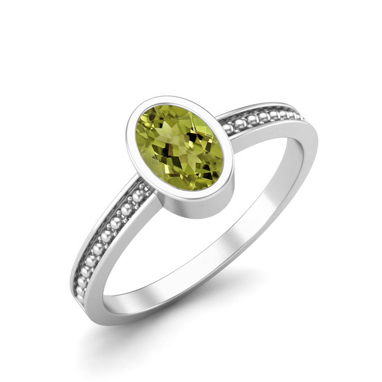 Peridot Bezel Set Beaded Edge Band Ring – Sterling Silver