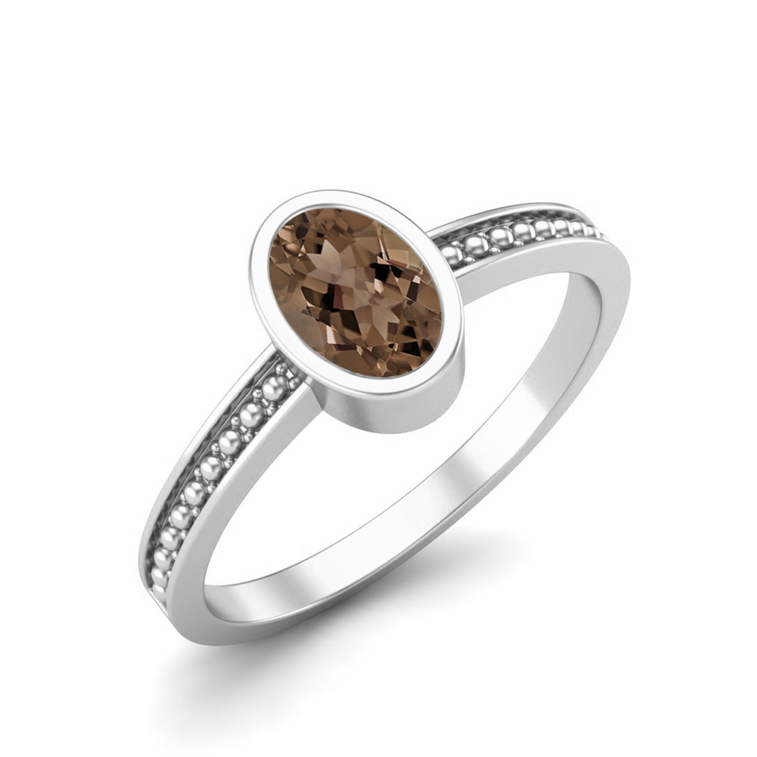 Smoky Quartz 0.50 Ct Oval Bezel Milgrain Band Ring – 14K Yellow Gold